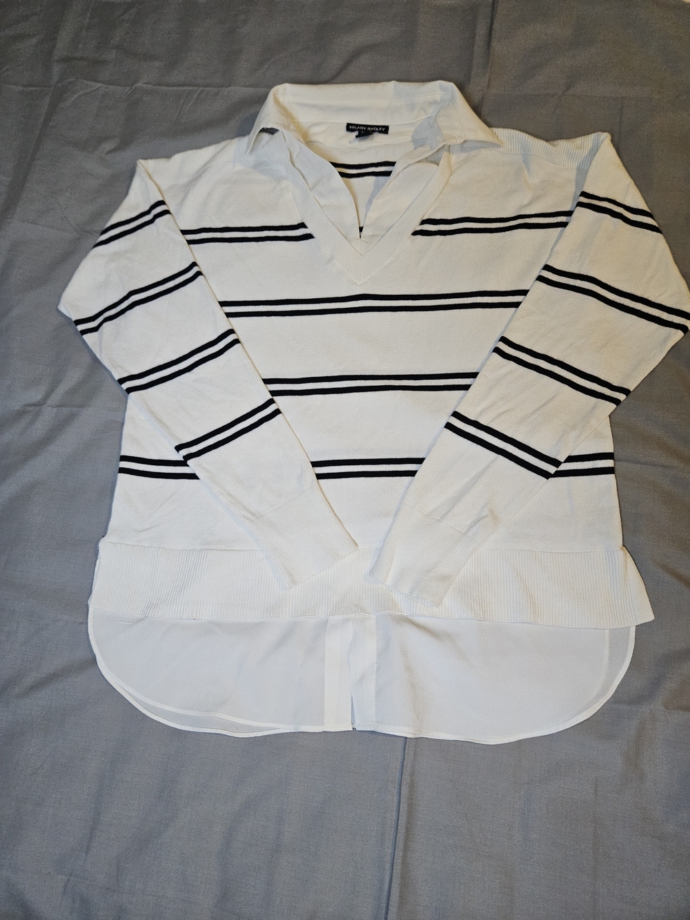 White Striped Popover Sweater with Shirt Hem - Unknown Brand